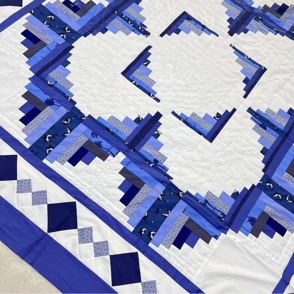 Blue Gazing Log Cabin Patchwork Cotton fabric Queen size Quilt Top/Topper - Picture 2 of 4